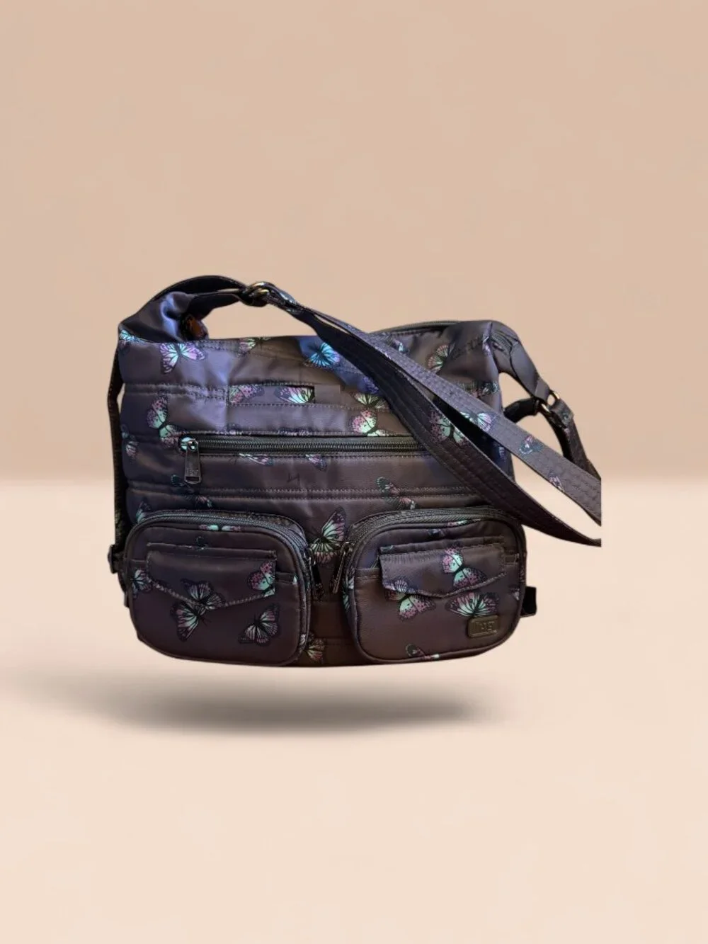 Lug Zipliner 2 Convertible Hobo Bag Gray w/Pink & Blue Butterfly Print
